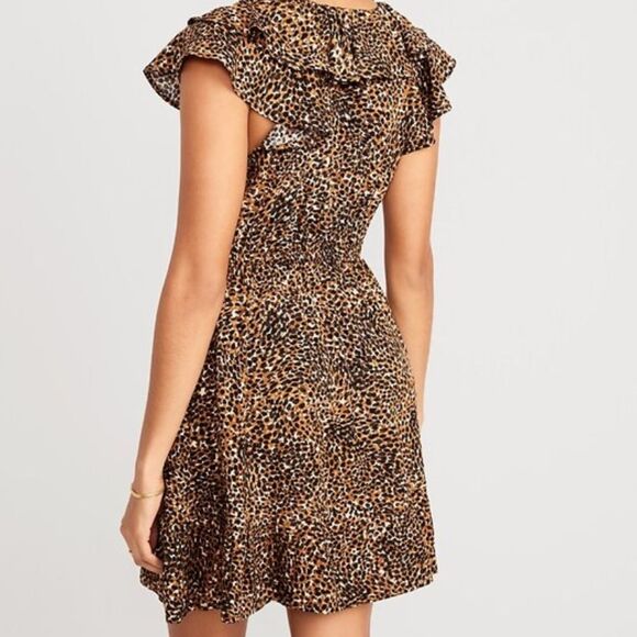 Old Navy large black brown Wasit defined ruffle trim mini dress cheetah animal - Picture 2 of 10